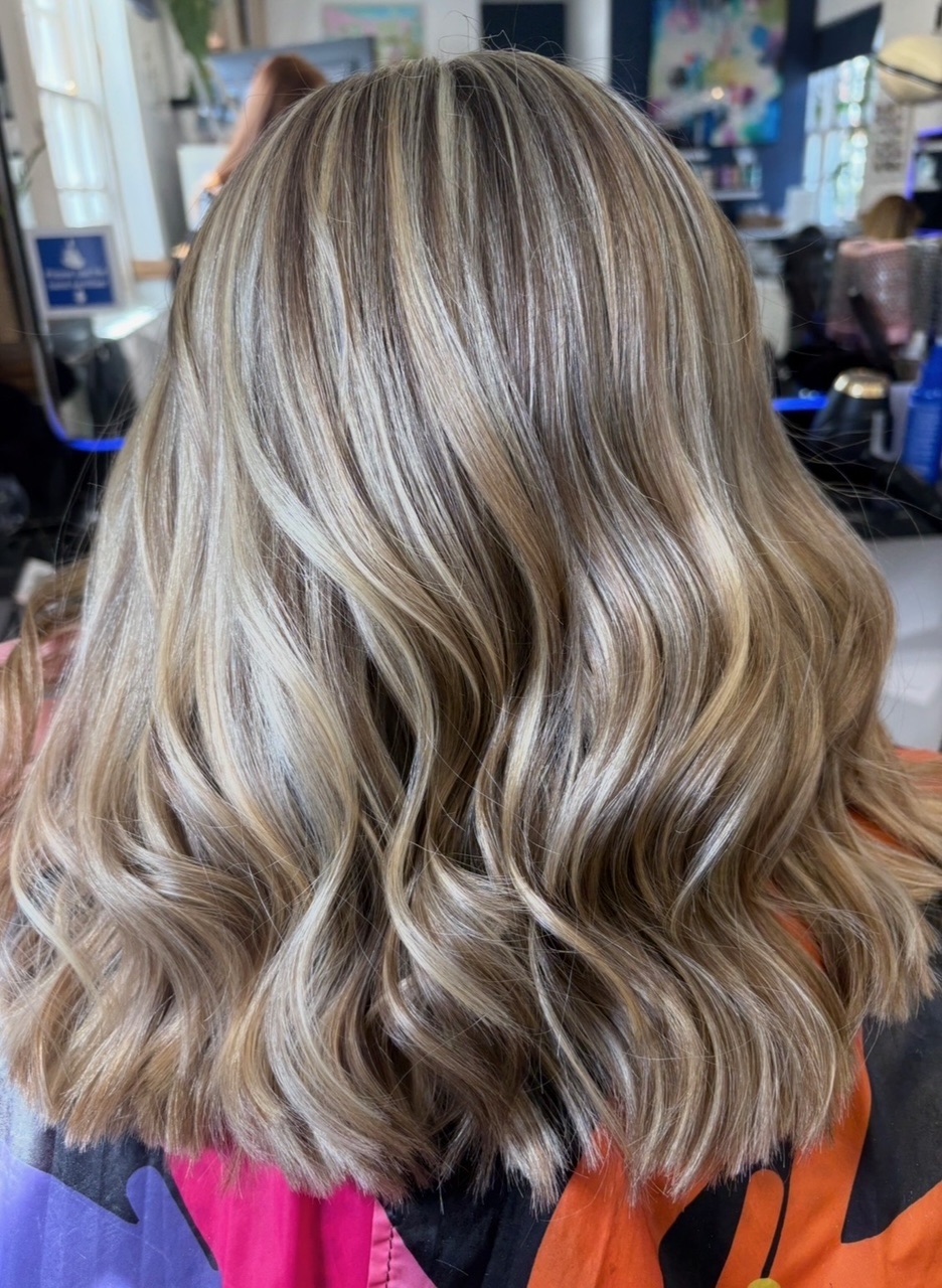 Brunette hair with fine blonde highlights and bouncy curls, seen from behind
